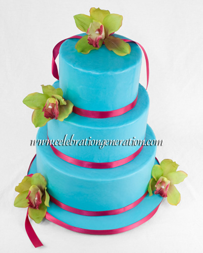 Turquoise Magenta Wedding cake with orchids Blue Magenta